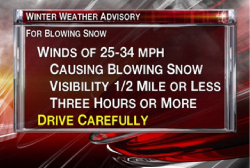 This picture shows a weather advisory that was shown on television.  The advisory says Winter Weather Advisory for Blowing Snow.  Winds of 25-34 mph, causing blowing snow, visibility one-half a mile or less, three hours or more. Drive carefully.