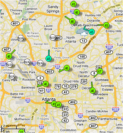 Figure 3.1 - Map - This figure consists of a map that shows the location of Wunderground weather reporting stations that are located in the greater Atlanta region.