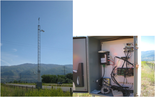 Figure 4.4 - Photos - This figure shows a picture of a tower along a freeway that contains a permanent Utah DOT Environmental Sensor Station (ESS). A second picture shows the inside of the ESS controller box.