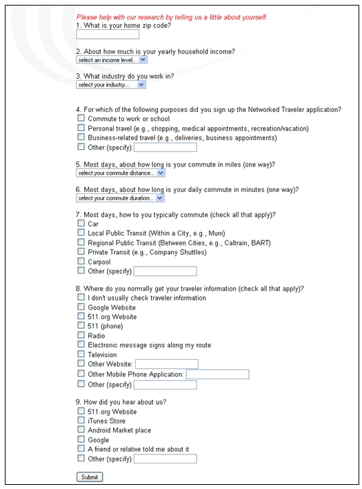 Screenshot of the PATH2Go user registration survey.