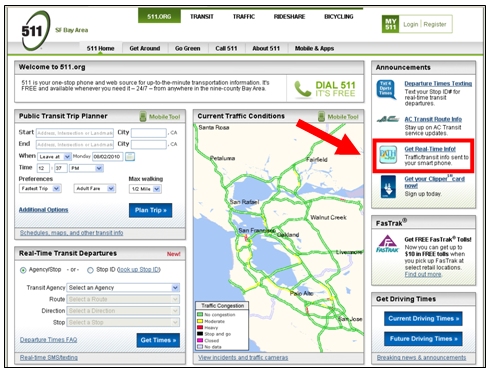 Screenshot of the Bay Area 511 web site with a link to download the real-time traveler information application.
