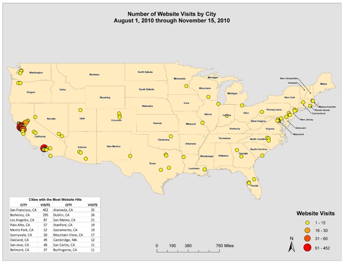 Heat map of the United States showing the location of website users. while the vast majority were in the San Francisco Bay, Berkely, and Los Angeles areas, with other concentrations of users throughout the state, limited numbers of users (1-15) accessed the website from a variety of locations outside California as well.