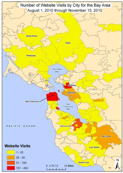 Heat map of the San Fransico Bay area shows that the vast majority of website traffic came from San Francisco, Berkely, and Redwood City, with fewer users in San Jose and Okland, and more limited numbers of users throughout the remaining districts within the region.