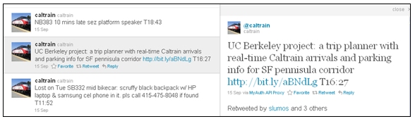 Screen capture of a set of twitter posts on the Caltrain Twitter page annuncing the Networked Traveler application.