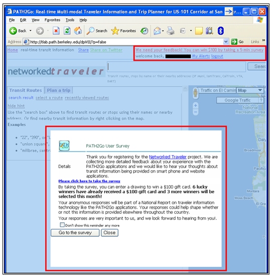 Screenshot of the pop-up box that takes users to the PATH2Go Traveler Information survey.