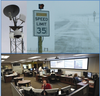 Photograph montage of transportation-related images including sensor tower, variable speed limit sign, snowy roadway, and interior of a Transportation Management Center.