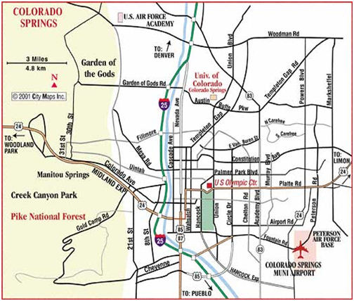 Map of main roadways for Colorado Springs.