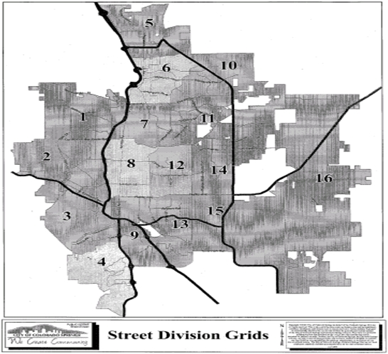 Map of Colorado Springs street division grid.