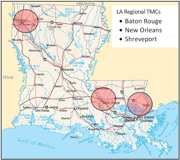 Map of Louisiana indicating the locations of the three regional TMCs: Baton Rouge, New Orleans, and Shreveport.