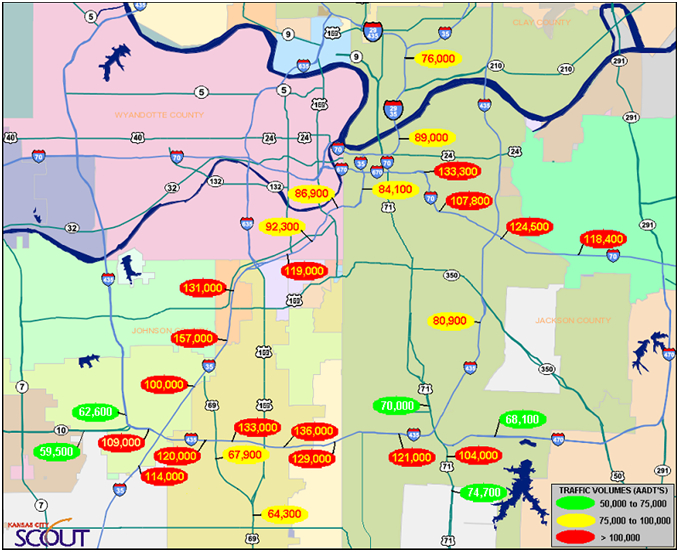 Map of main roadways indicating traffic volumes for the freeway facilities on the KC Scout system.