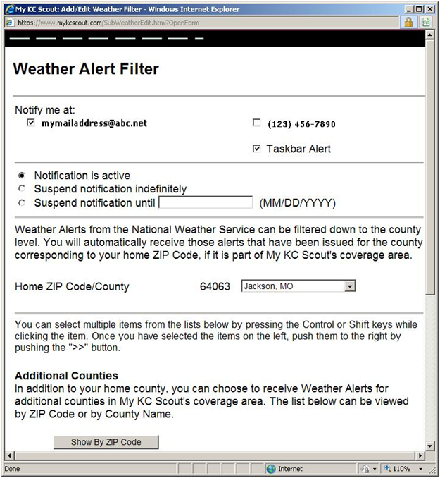 Screen capture of weather alert filter webpage.