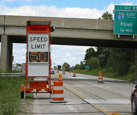 Photograph of a variable speed limit sign used in a Michigan work zone. Photo courtesy of Michigan State University.