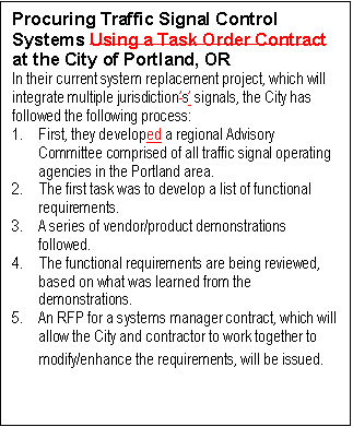 Text Box: Procuring Traffic Signal Control Systems Using a Task Order Contract at the City of Portland, OR
In their current system replacement project, which will integrate multiple jurisdictions signals, the City has followed the following process:
1.	First, they developed a 
regional Advisory Committee comprised of all traffic signal operating agencies in the Portland area.
2.	The first task was to develop a list of functional requirements.
3.	A series of vendor/product demonstrations followed.
4.	The functional requirements are being reviewed, 
based on what was learned from the demonstrations.
5.	An RFP for a systems manager contract, which will allow the City and contractor to work together to modify/enhance the requirements, will be issued.
