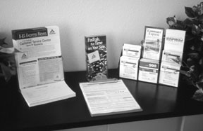 This photograph shows a display of brochures and newsletters produced for the I-15 FasTrak HOT lane facility in San Diego, California.