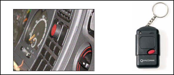 Two pictures are presented showing the panic button mounted in the truck's dashboard and on a driver's key fob