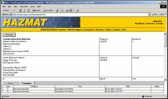 An ESCM screen with manifest details and transfer information. The long description jumps to a new page.