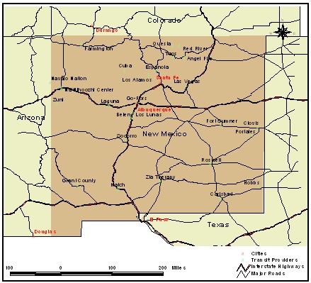 Figure shows a map of the state of New Mexico.  The transit providers are located all across the state.