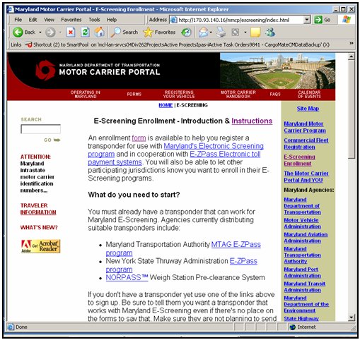 Screenshot of the Maryland Department of Transportation Motor Carrier Portal homepage.