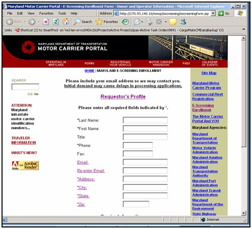 Screenshot of the Maryland Department of Transportation Motor Carrier Portal's E-screening enrollment page.