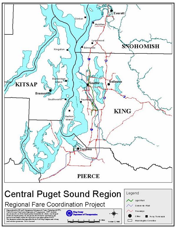 Figure 1. Map.  Map of Central Puget Sound. The map shows the entire region covered by the Regional Fare Coordination Project, including Snohomish, Kitsap, King and Pierce Counties.  It shows freeways, commuter and light rail lines, major cities and ferry terminals.