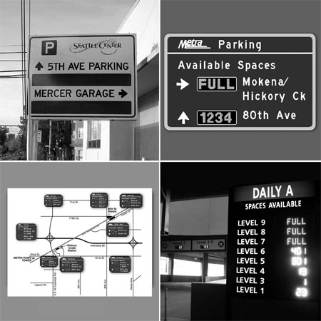 Four images: two photos showing parking signs, a map of parking lots, and a photo of an electronic sign showing which levels in a garage have spaces available