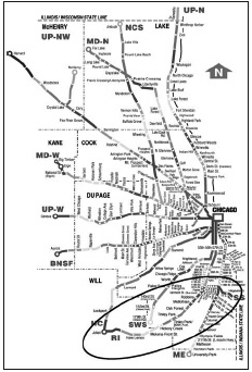 Map of the entire Metra system showing Rock Island line south of Chicago