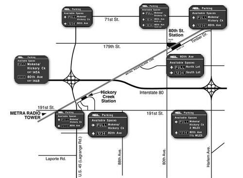 Map of the Metra system showing eight dynamic signs near the Hickory Creek and 80th Street stations