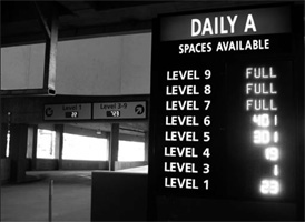 Photo of dynamic parking sign at BWI Daily A garage showing available spaces for nine garage levels