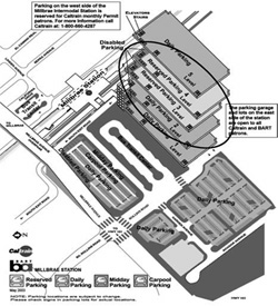 Diagram of a BART parking garage highlighting two lots with the ParkingCarma system