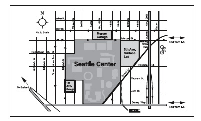 Map showing three parking facilities next to Seattle Center