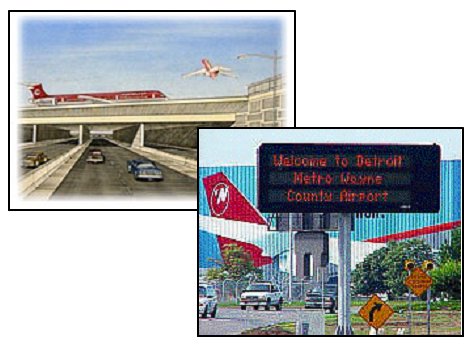 Two photographs, one of the road leading up to the airport with aircraft flying overhead and one with a sign that reads 'Welcome to the Detroit Metro Wayne County Airport.' 