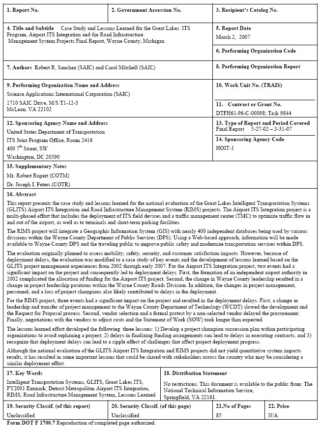 technical report documentation form