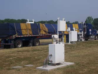 Flat-bed semi passing through the ISSES portal, with thermal imaging camera pedestal in foreground (Laurel County, KY).