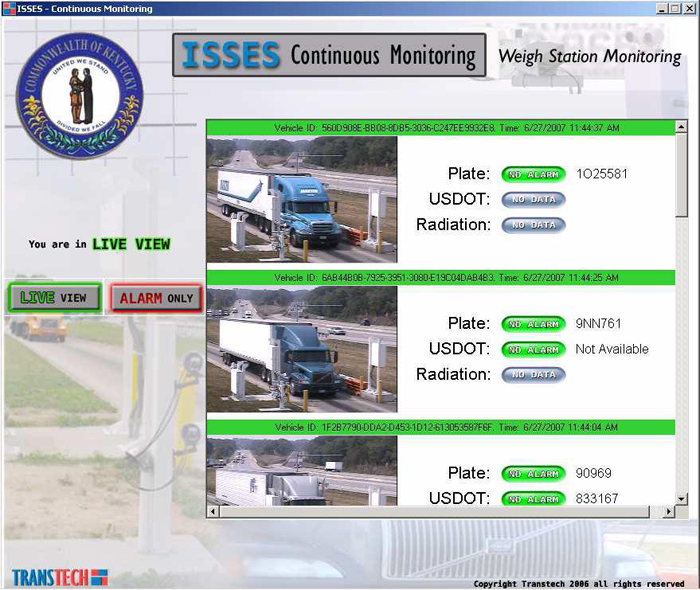 Computer monitor image showing ISSES continuous monitoring or live view interface, with three truck records and selected color-coded information about each truck in the recent sequence of passing through the ISSES portal.