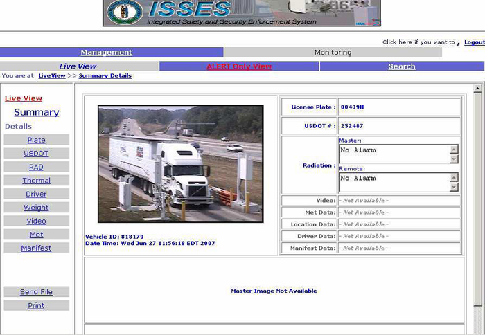 Computer monitor image showing overview color photo and numerical information one truck selected from the live view, with options such as license plate server, USDOT number server, radiation server, etc., that the user can choose to view more detailed information.