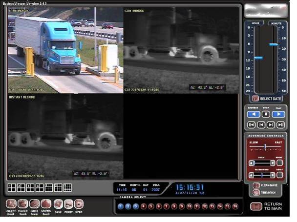 Computer monitor interface screen showing overview camera image, thermal/infrared image, and combined IR/visible light image on a four-part viewing screen.