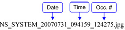 Listing of a filename showing the file name construction conventions:  NS_SYSTEM_20070731_094159_124275.jpg.  The imbedded “20070731” is the date.  The imbedded “094159” is the time stamp representing 9:41:59 AM.  The imbedded “124275” is a truck or vehicle occupancy number, used to uniquely identify each truck or record in the dataset.