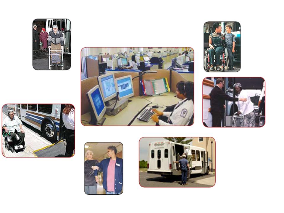 Selection of photographs showing people using devices such as wheelchairs, walkers, and bus ramps to achieve mobility.