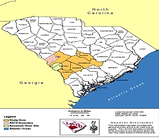 Map of the state of South Carolina divided into counties.  The six-county region that constitutes the Aiken demonstration site is highlighted.