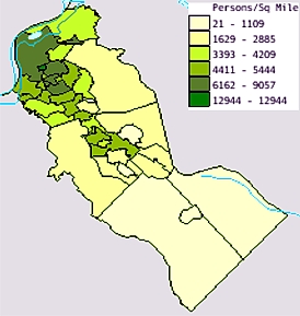 Map of Camden County, New Jersey, which comprises the Camden demonstration project.  Shaded areas indicate population density, which ranges from 21 to 12,944 persons per square mile.