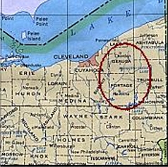 Map of the area that encompasses the Kent project.  Portage and Geauga counties in northern Ohio are circled on the map.