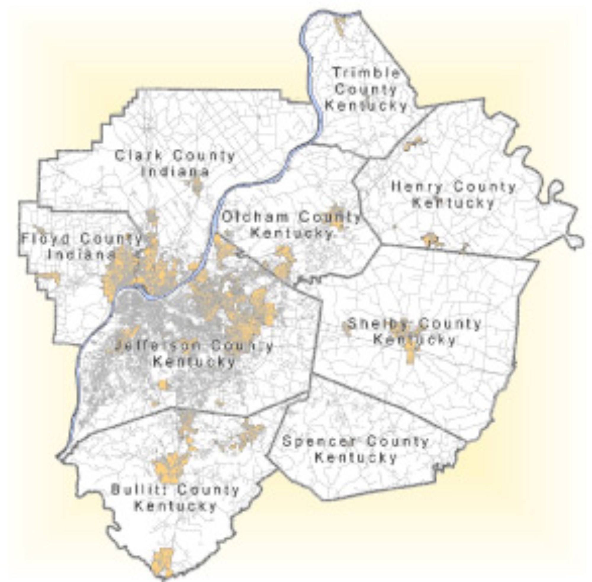 Map of the nine counties comprising the Louisville project.