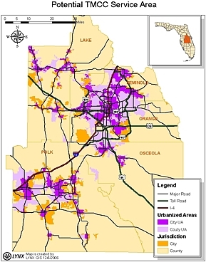 Map of the five-county area that comprises the Orlando project.  Urbanized areas and city vs. county jurisdictional areas are highlighted.