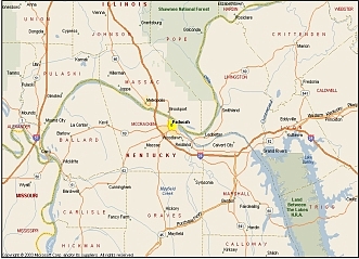 Map of a portion of the state of Kentucky that includes McCracken County and the city of Paducah.