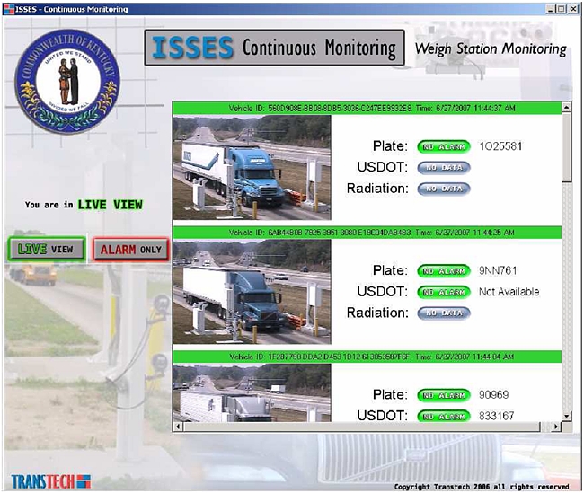 Figure 17. User interface screen. Computer monitor image showing ISSES continuous monitoring or live view interface, with three truck records and selected color-coded information about each truck in the recent sequence of passing through the ISSES portal.