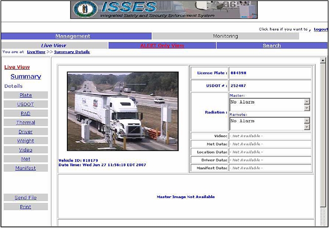 Figure 18. User interface screen. Computer monitor image showing overview color photo and numerical information one truck selected from the live view, with options such as license plate server, USDOT number server, radiation server, etc., that the user can choose to view more detailed information.