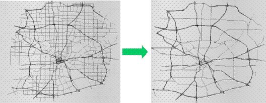Figure 4.6 is a two-part diagram of a roadway network at two different spatial resolution levels.  The first image is one of a city street network; the major streets are darker than the minor streets, while some radiate out from the center others circle the center in concentric circles.  Within this spider’s web of major streets there are grids or minor streets.  The second image is similar to the first but lacks the grids of the minor streets.