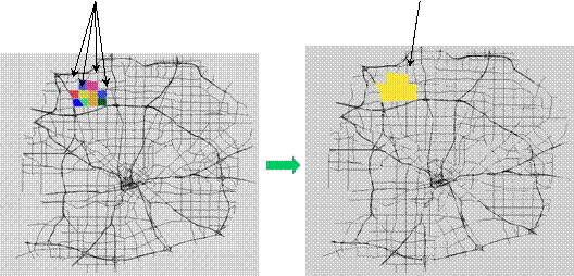 Figure 4.8 is an example of zonal and demand aggregation.  There are two parts to the figure, the first shows 10 distinct zones highlighted among many zones, the second shows the same zone system expect the 10 distinct zones have been combined into one large zone.