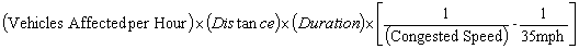 Equation is the formula for calculating delay.  Delay equals the number of vehicles affected per hour multiplied by the distance they were affected multiplied by the duration they were affected multiplied by the subtraction of the inverse of 35 mph from the inverse of the congested speed.