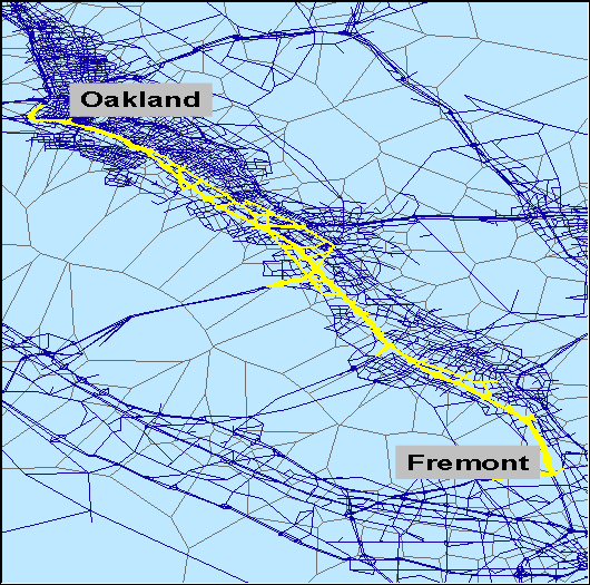 Figure 2.1 is a map of the macroscopic transportation model road network and zone system.  The length of I-880 between Oakland and Fremont and some adjoining road segments that together make up the corridor are highlighted.